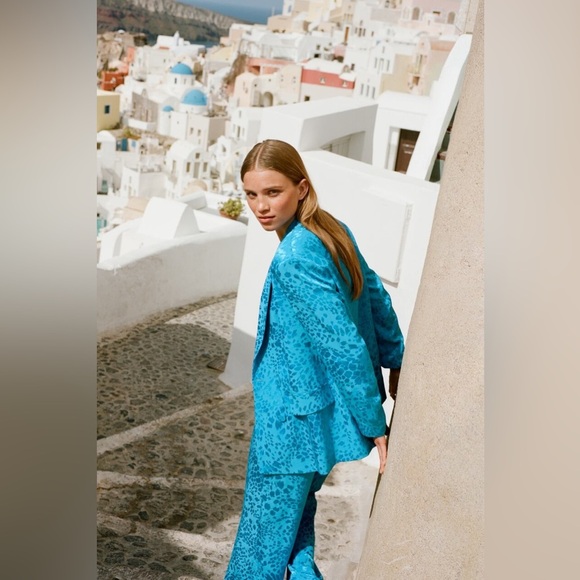 ZARA PANT SUIT - TURQUOISE JACQUARD BLAZER SIZE S & WIDE LEG JACQUARD PANTS SZ M - Picture 2 of 14